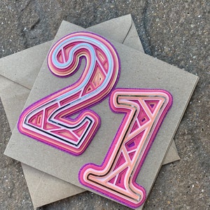 Karte, 21. Geburtstagskarte, Geburtstagskarte, 21. Geburtstag, 3D-Karte, Feiern, 21., Party, Zahlen, leere Karte, Jubiläumskarte, handgefertigt