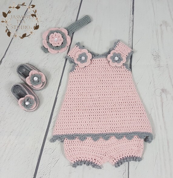 Baby Girl Apron Sun Dress Outfit Crochet Gift Set Booties Diaper Pants Hat or Headband Pink Gray 0-12 Months Dress Handmade CUSTOM MADE