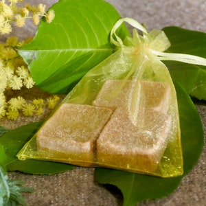 Peut inclure: Quatre petits cubes de sucre brun clair de forme carrée sont dans un sac en organza jaune. Le sac est noué avec un ruban jaune et repose sur des feuilles vertes.