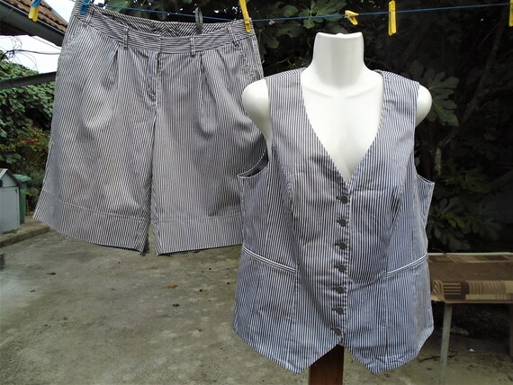 Vintage Striped Pattern Shorts Vest Set 90s,Two Pi