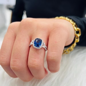 3.08ct Royal Blue Sapphire Ring | Rectangular Cushion Cut | Certified | Diamond Halo | 18K White Gold | Nature-Inspired Custom Design