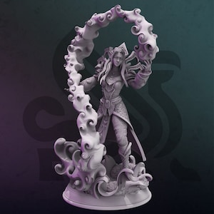 May include: A white figurine of a female figure with long hair and a flowing robe, holding a swirling cloud of energy in her hands. The figure is standing on a base with a swirling cloud design.