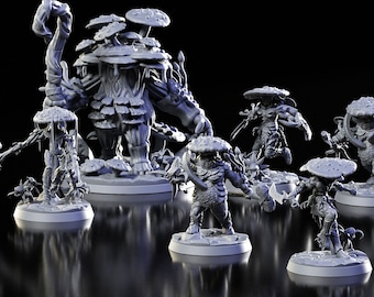 Conjunto de miniaturas de guerreros setas de la tribu Myconid para el juego de rol de mesa Dungeons and Dragons.