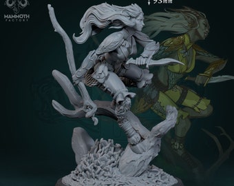 May include: A gray resin miniature figure of Sylvoth Wildseer, an elf-like character with flowing hair, holding a dagger, and posed on a tree branch. The figure stands 93mm tall on a 25mm base, featuring detailed armor, leg wraps, and a textured base.