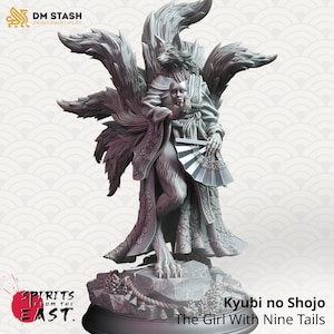 May include: A gray, detailed, 3D printed miniature of a nine-tailed fox spirit, Kyubi no Shojo, The Girl With Nine Tails, holding a fan and standing on a rocky base.