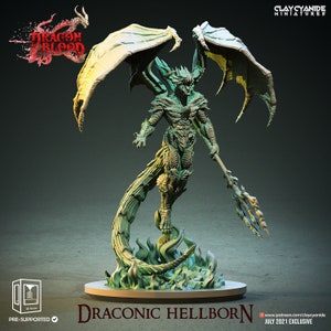 May include: A green and grey 3D printed miniature of a dragon-like creature with wings, a spear, and a tail. The miniature is standing on a base with flames. The text "DRACONIC HELLBORN" is printed on the base. The text "JULY 2021 EXCLUSIVE" is printed on the base.