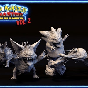 Könnte beinhalten: Fünf Miniatur-Monster-Figuren, in Grau bemalt, mit verschiedenen Posen und Gesichtsausdrücken. Die Figuren sind 50 mm hoch und stehen auf einem 50 mm Sockel. Der Text "MINI MONSTER MASTER I DARE YOU TO CATCH THEM VOL 2" ist im Hintergrund sichtbar.