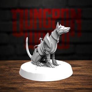 May include: A white, unpainted miniature figurine of a mechanical dog sitting on a circular base. The canine figure features intricate gear and pipe details integrated into its body, shoulder plating, and legs, with a pointed snout and upright ears.