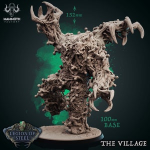 Pode incluir: Uma miniatura detalhada em cinza, impressa em 3D, de uma criatura monstruosa feita de muitas figuras menores. A criatura está em pé sobre uma base redonda com o texto "100mm BASE" e "THE VILLAGE". A miniatura tem 15,2 cm de altura.