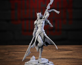 May include: A gray resin miniature figurine of an elf warrior standing on a rocky base. The figure wears detailed plate armor, has pointed ears, and holds a long spear raised in one hand. The character is posed dynamically with one leg bent.