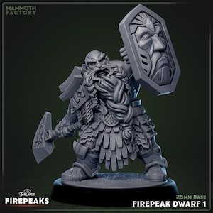 May include: A gray miniature figurine of a dwarf warrior from the Firepeaks series. The dwarf is holding a hammer and shield with a face carved on it. The figurine has a long beard and is wearing armor. The base is 25mm.
