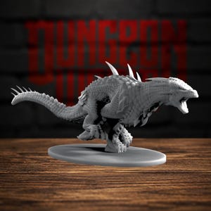 May include: A light gray unpainted miniature figurine of a reptilian creature in a dynamic running pose. The creature features a long spiked tail, textured scales across its body, and an open mouth. It is mounted on a circular base.