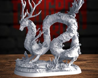 May include: A light gray miniature figurine of a serpentine creature with deer-like antlers and a long, winding body. The figure is adorned with small, sculpted flower blossoms and branch-like textures throughout its entire form, standing on a base.