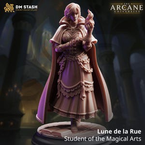May include: A miniature figurine titled Lune de la Rue, Student of the Magical Arts, depicting a person in a high-collared cloak and layered skirt holding a flame. The figure stands on a base with an open book, featuring DM STASH and The Arcane University branding.