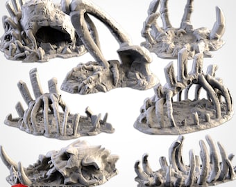May include: A collection of six light gray miniature terrain pieces featuring skeletal remains, including rib cages, spinal columns, and skull fragments. The set includes the text BATTLE BUILDER tech in the bottom left corner of the image.