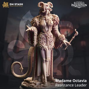 May include: A detailed miniature figurine of a female character with horns, wearing a fur-trimmed robe and holding a staff. The figurine is painted in a light brown color and has a detailed design. The text "Madame Octavia Resistance Leader" is printed below the figurine.