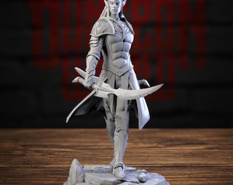 May include: A gray resin figurine of an elf warrior standing on a rocky base. The figure wears detailed armor, has pointed ears, and holds a curved blade in one hand. The character has long hair and a stern expression, presented in a monochromatic finish.