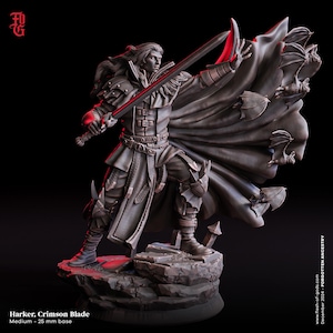 Könnte beinhalten: Eine graue, bemalte Miniaturfigur eines Vampirjägers mit einem Schwert und einem fließenden Umhang. Die Figur steht auf einem felsigen Sockel. Die Figur ist Teil einer Forgotten Ancestry-Kollektion.
