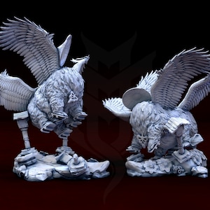 Könnte beinhalten: Eine weiße, 3D-gedruckte Figur eines geflügelten Wesens mit einem runden Körper und einem langen, dünnen Hals. Das Wesen steht auf einem felsigen Sockel und hat seine Flügel ausgebreitet.