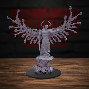 May include: A light purple resin miniature figurine of a humanoid figure with large horns and a flowing robe. The figure features expansive wings composed of numerous outstretched human-like hands and arms, standing on a rocky base.