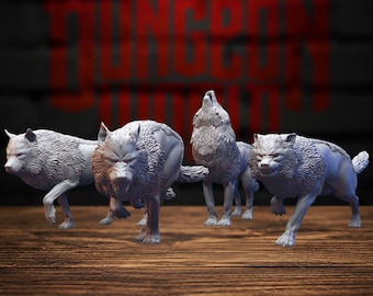 May include: A set of four grey wolf figurines in various poses, including one howling, two running, and one walking. The figures feature detailed fur textures and snarling expressions, presented as a collection of miniature gaming creatures.