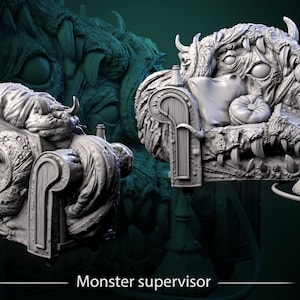 Può includere: Rendering 3D dettagliato di due poltrone a tema mostri. Una presenta un mostro reclinato, l'altra ha un narghilè. Le sedie sono progettate in modo intricato con facce e trame di mostri. Il testo "Monster supervisor" è in basso.