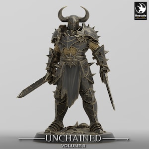 Pode incluir: Uma figura em miniatura detalhada de um guerreiro vestindo uma armadura preta e dourada com um capacete com chifres e segurando duas espadas. A figura está em pé sobre uma base com o texto "Unchained Volume II".