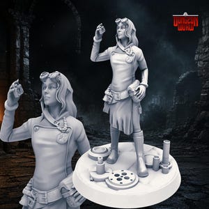 May include: A grayscale figurine of a woman in a steampunk-inspired outfit, wearing goggles and a long coat. The figure is holding a small object and standing on a circular base with mechanical components. The "Dungeon World" logo is visible in the top right corner.