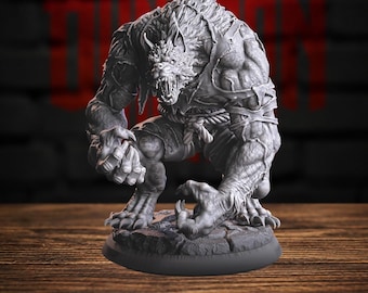 May include: A grey, unpainted miniature figurine of a snarling werewolf in a crouched, aggressive stance. The creature features detailed fur texture, muscular limbs, sharp claws, and tattered clothing, standing on a circular, cracked stone base.