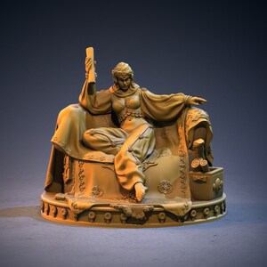May include: A monochromatic tan resin figurine of a seated figure resting on an ornate, cushioned throne. The figure wears loose-fitting trousers and a top, holding a scroll in one hand. A small chest sits beside the throne on a circular base.