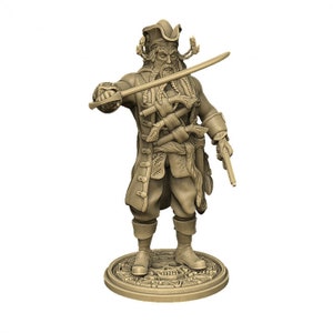 May include: A detailed figurine of a pirate, holding a sword and a pistol. The pirate wears a tricorn hat, long coat, and has a long braided beard. The figurine is tan and stands on a round base with a skull design.