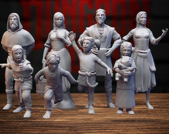 May include: A collection of eight unpainted gray resin miniature figurines depicting a diverse group of people, including adults and children in various poses, with some figures wearing hooded cloaks, tunics, and simple garments, standing together.