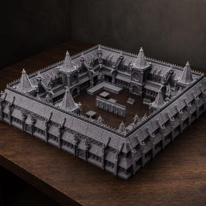 May include: A gray, 3D-printed miniature fortress model featuring a square layout with high perimeter walls, multiple pointed towers, shingled roof sections, and an open central courtyard containing small modular wall segments and barricades.
