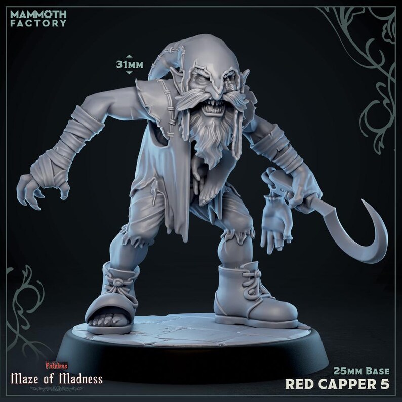 Pode incluir: Miniatura cinzenta de um Red Capper 5 da cole&ccedil;&atilde;o Maze of Madness. A figura tem uma express&atilde;o amea&ccedil;adora, uma longa barba e segura uma l&acirc;mina curva. A base mede 25 mm, e a figura tem 3,1 cm de altura.
