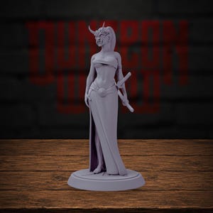 May include: A light purple unpainted resin miniature figurine of a standing humanoid figure with horns, wearing a strapless top and a long skirt with a high side slit. The figure holds a katana sword at the hip and stands on a circular base.