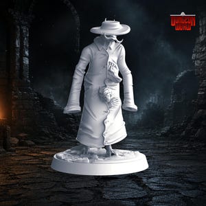 May include: A white, stylized figurine of a creature wearing a long coat and wide-brimmed hat. The coat is open, revealing a sculpted chest and arms. The figure stands on a circular base, with the "Dungeon World" logo visible in the background.