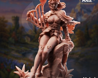 May include: A monochromatic resin miniature figurine of a character named Mabel, Bard of Hearts, sitting on a rock. The figure holds a heart-topped harp, wears a ruffled cape, and features heart-shaped details on the bodice and belt.