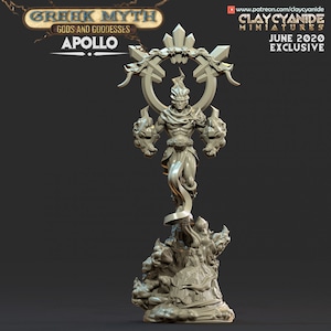 May include: A 3D printed miniature of the Greek god Apollo, depicted as a muscular male figure with flames around his head, standing on a base of swirling flames. He is holding a circular object with spikes around it. The miniature is a light grey colour and is part of a series of Greek myth miniatures.