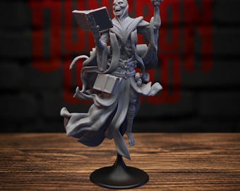 May include: A gray miniature figurine of a skeletal lich figure wearing flowing robes, holding an open book in one hand and a skull in the other. The figure is mounted on a circular black base and features detailed scroll accessories.