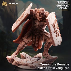 Op de afbeelding: Een terracotta-kleurig miniatuurfiguur van een krijger op een rotsachtige basis. Het figuur draagt een harnas, een kraag met bont en een cape, en houdt twee grote rechthoekige schilden vast. Tekst: DM STASH, BASTION OF THE WANDERING MAGE, Trenon the Remade, Golden Griffin Vanguard.