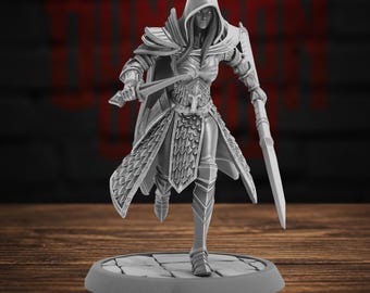 May include: A gray miniature figurine of a hooded warrior in plate armor, running forward while holding a sword in each hand. The figure stands on a circular base with a stone tile pattern, featuring detailed scale mail and shoulder pauldrons.