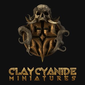 May include: A metallic bronze emblem featuring a central skull with curved tusks, surrounded by dark, textured tentacles. The letters C, J, and M are integrated into the design. Below, the text reads CLAY CYANIDE MINIATURES in gold.