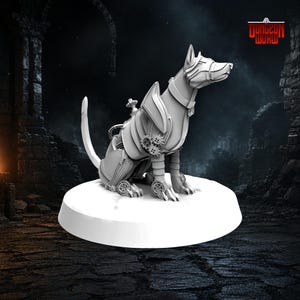 May include: A grey steampunk dog figurine, featuring mechanical gears and armour plating. The dog sits on a white circular base, set against a dark, textured backdrop. The Dungeon World logo is visible in the top right corner.