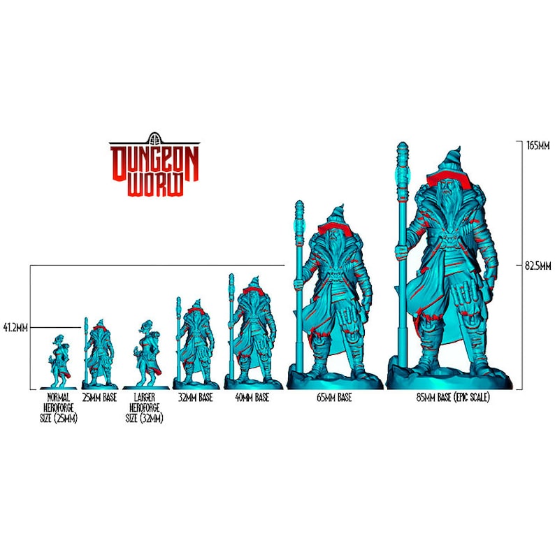 以下が含まれることがあります： Dungeon Worldとラベル付けされた、赤のアクセントがある7体の水色の魔法使いのフィギュア。25mmから85mmのベースサイズで順に並んでいます。高さは線とテキストで示されており、41.2mm、82.5mm、165mmの測定値が表示されています。