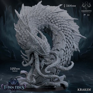 Peut inclure: Une miniature en résine grise détaillée d'un Kraken, un monstre marin mythique avec des tentacules, une grosse tête et un corps écailleux. La miniature mesure 164 mm de haut et est posée sur une base de 100 mm. La miniature fait partie de la collection Titan Tides.