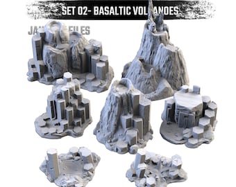 Basaltic Volcanoes (7 Models) by Txarli Factory | Post Apocalyptic | Wargames | DnD | Dungeons and Dragons | Scatter Terrain | Diorama