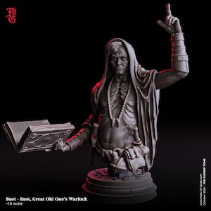 May include: A detailed bust of a Great Old One's Warlock, a miniature figurine painted in shades of gray. The warlock is depicted with a book in one hand and a raised hand in a gesture of power. The bust is set on a circular base with intricate details.