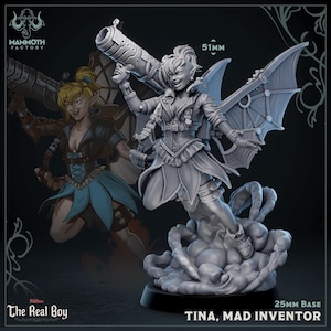 May include: A gray 3D printed miniature of a female elf with wings, holding a steampunk-style gun. She is standing on a cloud-like base with tentacles. The miniature is 51 mm tall and comes with a 25 mm base. The text "TINA, MAD INVENTOR" is printed below the miniature.