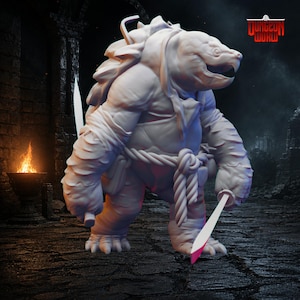 May include: A detailed, off-white figurine of a humanoid turtle-like creature, holding a sword. The figure has a textured shell and is tied with a rope around its waist. The Dungeon World logo is visible in the upper right corner.
