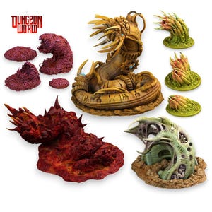 May include: A collection of Dungeon World fantasy miniatures including a large mechanical gold serpent, a red spiky creature, a pale green organic structure, and several smaller purple and green textured growths on circular bases.